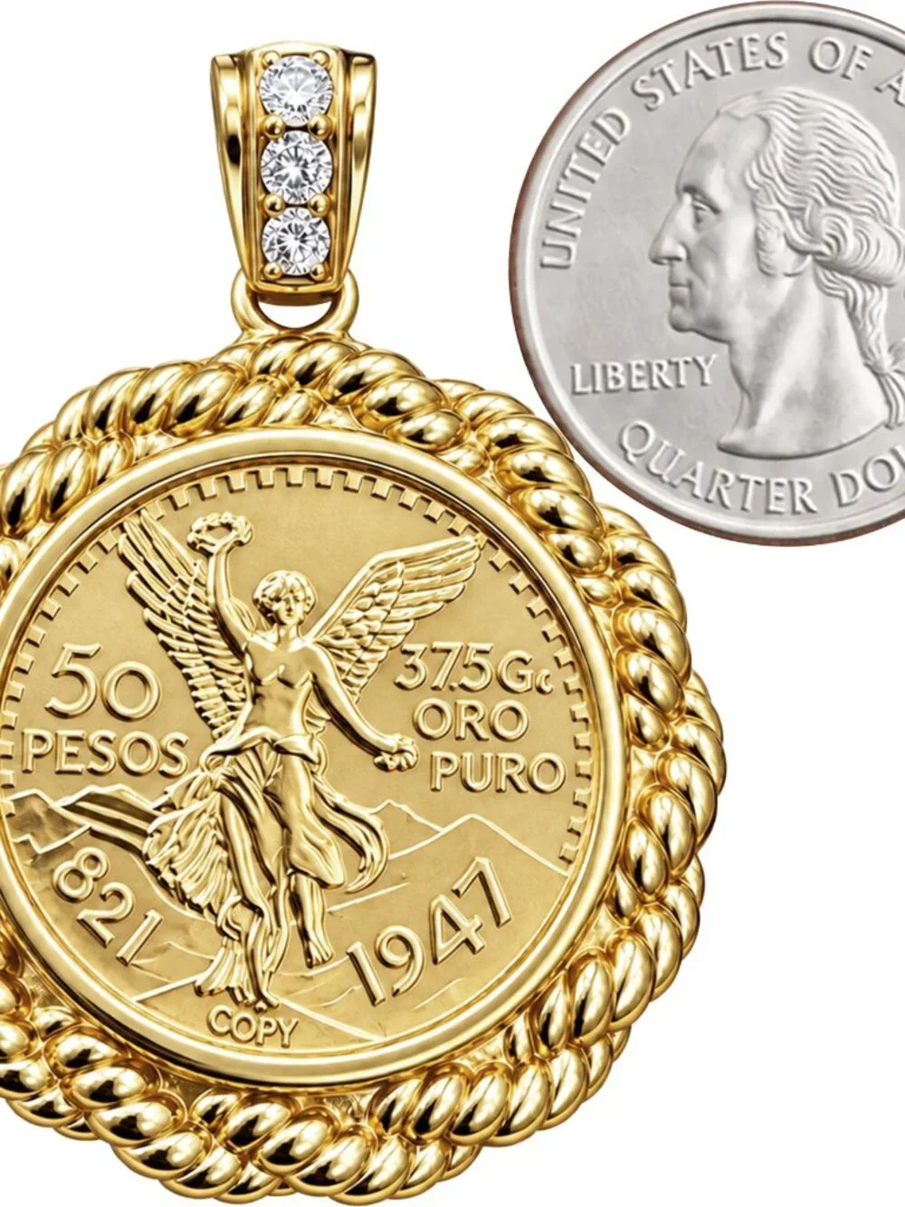 14k Yellow Gold Plated AAACubic Zirconia Mexican Centenario 50 Peso Coin Pendant